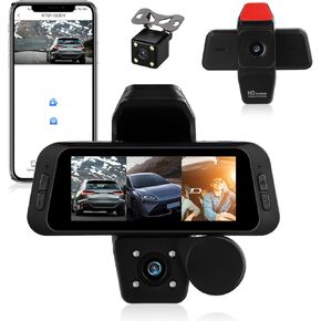 3 Channel Dash Cam Front and Rear Inside,3 Inch 1080P Dash Camera for Cars Three Way Triple Car Camera with APP Control,Night Vision,Loop Recording,G-Sensor,Parking Assistance,24H Parking Monitor