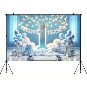 Happy 1st Birthday Backdrop Banner Blue Newborn Boys First Birthday Backdrop Photo Studio Photography Background for 1st Birthday Baby Shower Party Decorations Supplies 71.8 x 43.3 Inch