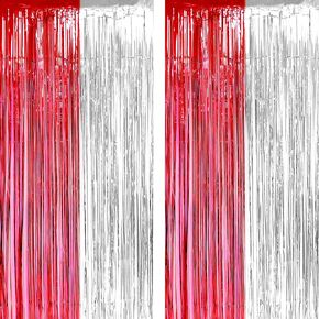 Red White Tinsel Foil Fringe Curtains - Circus Welcome Carnival Under the Top Birthday Baby Shower Graduation Party Backdrops Wedding Valentines Day Party Decor Photo Booth Backdrops Decorations