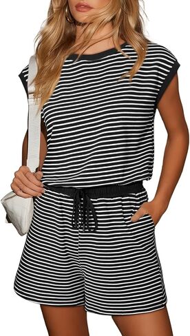 Dokotoo Women's Summer Casual Rompers Striped Shorts Overalls Adjustable Drawstring Waist Jumpsuits One Piece Outfits in Saudi Arabia