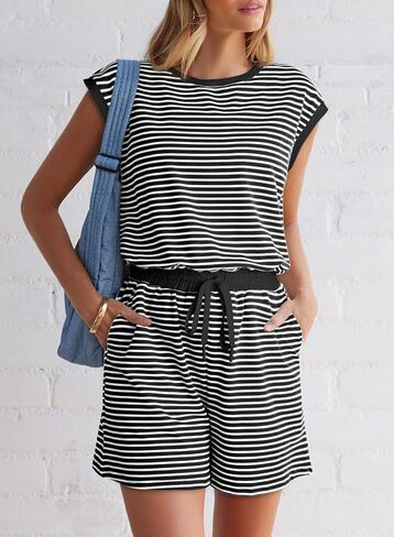 Dokotoo Women's Summer Casual Rompers Striped Shorts Overalls Adjustable Drawstring Waist Jumpsuits One Piece Outfits in Saudi Arabia