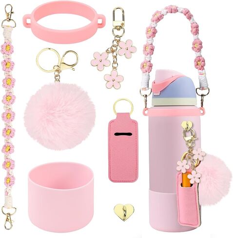 Comprehensive Compatible Owala Accessories Bundle: Silicone Boot for 24oz & 32oz Bottles, Charms, Handle, Strap, Rubber Bottoms, and Decorative Add-ons for Your Compatible Owala Water Bottle, Pink in Saudi Arabia