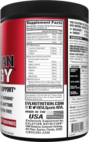 EVL BCAA Lean Energy Powder - Pre Workout Green Tea Fat Burner Support with BCAAs Amino Acids and Clean Energizers - BCAA Powder Post Workout Recovery Drink for Lean Muscle Recovery - Cherry Limeade in Saudi Arabia