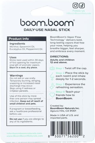 Boom Boom Nasal Stick (4 Pack) | Boosts Focus + Enhances Breathing | Provides Fresh Cooling Sensation | Aromatherapy Inhaler Made with Essential Oils + Menthol (Mint, Wintermint, Tropical, Lavender) in Kuwait