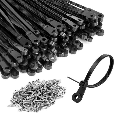 12 Inch Black Zip Ties with Screw Holes (100 Pack), 75 lbs, with Complimentary 100 Screws - Mounting Head Electrical Zip Ties for Wire Management - Ideal for Multipurpose Use Outdoor Home in Saudi Arabia