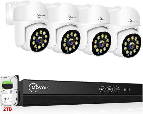 MOVOLS PoE Security Camera System, 4 x 8MP(4K) Pan/Tilt PoE 360 Camera Outdoor, Person/Vehicle Detect, Spotlight Siren, Color Night Vision, 8CH 8MP NVR with 2TB HDD in Saudi Arabia