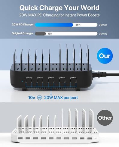 Soopii USB C Multi Charge Station ، 100W 10-Port Type C Fast Charger Station لأجهزة متعددة مع فواصل قابلة للتعديل ، منظم الشاحن المتوافق مع الهاتف ، الكمبيوتر اللوحي ، Kindle والمزيد (أسود) in Kuwait