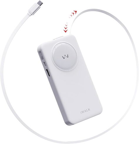 iWALK 10000mAh Slim Portable Charger, 30W PD Fast Charging Power Bank with Built-in Retractable USB-C Cable for iPhone 16/15 Series, Samsung Galaxy 25/24,Google Pixel,MacBook Air,White in Saudi Arabia
