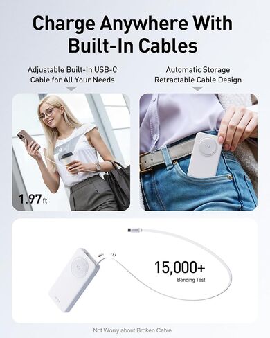 iWALK 10000mAh Slim Portable Charger, 30W PD Fast Charging Power Bank with Built-in Retractable USB-C Cable for iPhone 16/15 Series, Samsung Galaxy 25/24,Google Pixel,MacBook Air,White in Saudi Arabia