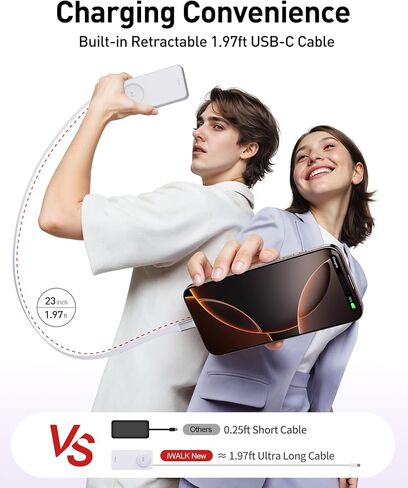 iWALK 10000mAh Slim Portable Charger, 30W PD Fast Charging Power Bank with Built-in Retractable USB-C Cable for iPhone 16/15 Series, Samsung Galaxy 25/24,Google Pixel,MacBook Air,White in Saudi Arabia