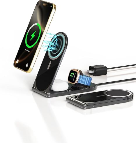محطة الشحن اللاسلكية ، قابلة للطي 3 في 1 شاحن سفر قابل للطي (أسود) 20W محول ، شاحن مغناطيسي لشاحن Magsafe لـ iPhone16/15/14/13/20 و Airpods و iWatch in Kuwait