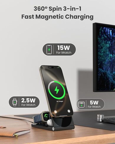 محطة الشحن اللاسلكية ، قابلة للطي 3 في 1 شاحن سفر قابل للطي (أسود) 20W محول ، شاحن مغناطيسي لشاحن Magsafe لـ iPhone16/15/14/13/20 و Airpods و iWatch in Kuwait