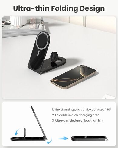 محطة الشحن اللاسلكية ، قابلة للطي 3 في 1 شاحن سفر قابل للطي (أسود) 20W محول ، شاحن مغناطيسي لشاحن Magsafe لـ iPhone16/15/14/13/20 و Airpods و iWatch in Kuwait