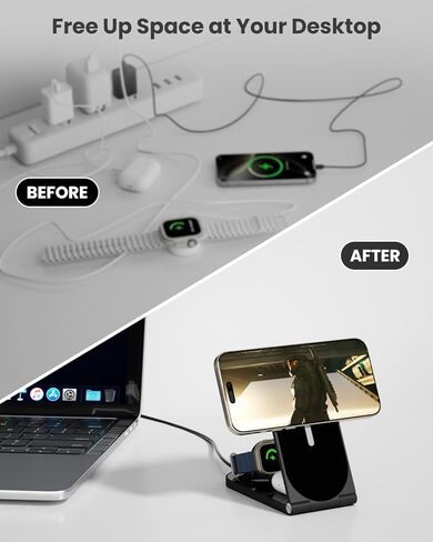 محطة الشحن اللاسلكية ، قابلة للطي 3 في 1 شاحن سفر قابل للطي (أسود) 20W محول ، شاحن مغناطيسي لشاحن Magsafe لـ iPhone16/15/14/13/20 و Airpods و iWatch in Kuwait