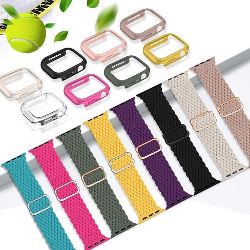 8 حزمة مضفر حلقة منفردة متوافقة مع Apple Watch Band 40mm 41mm 42mm 44mm 45mm 46mm ، شريط النايلون مع علبة واقي الشاشة ومنظم التخزين لـ Apple Watch S10/9/8/7/6/6/SE 2nd/5/4 in Kuwait
