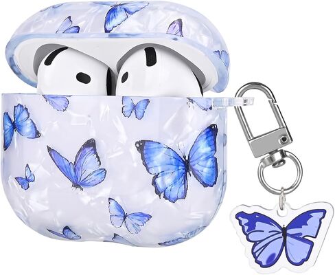 غطاء الفراشة لـ AirPods 4 (2024) مع سلسلة مفاتيح ، تصميم قذيفة الفراشة الزرقاء الجميلة للنساء مقاومة للحماية من TPU Drop For Generation AirPods 4th in Kuwait
