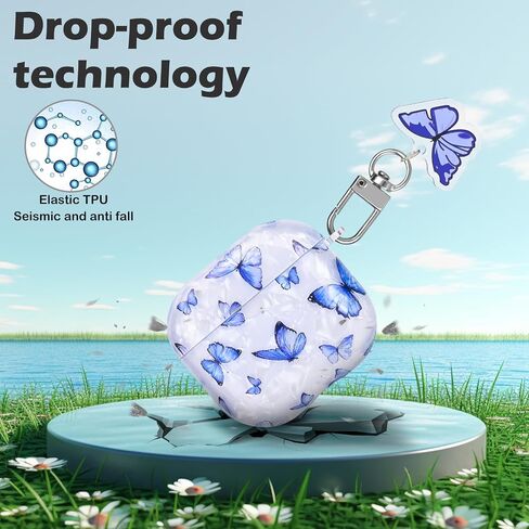 غطاء الفراشة لـ AirPods 4 (2024) مع سلسلة مفاتيح ، تصميم قذيفة الفراشة الزرقاء الجميلة للنساء مقاومة للحماية من TPU Drop For Generation AirPods 4th in Kuwait