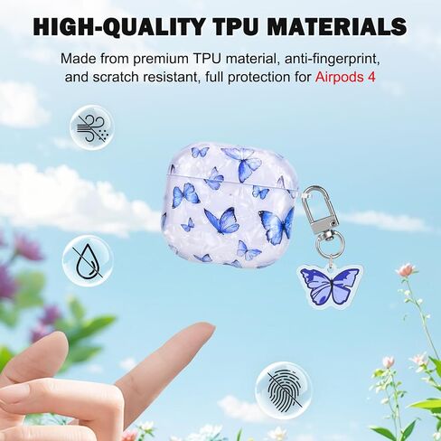 غطاء الفراشة لـ AirPods 4 (2024) مع سلسلة مفاتيح ، تصميم قذيفة الفراشة الزرقاء الجميلة للنساء مقاومة للحماية من TPU Drop For Generation AirPods 4th in Kuwait