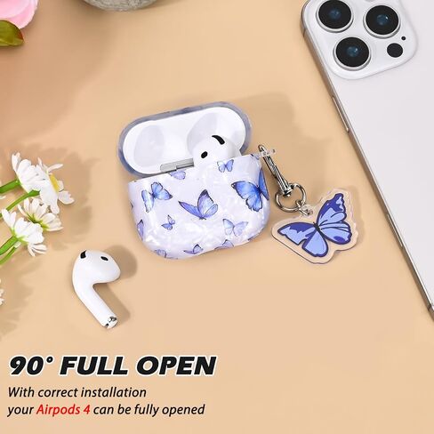 غطاء الفراشة لـ AirPods 4 (2024) مع سلسلة مفاتيح ، تصميم قذيفة الفراشة الزرقاء الجميلة للنساء مقاومة للحماية من TPU Drop For Generation AirPods 4th in Kuwait