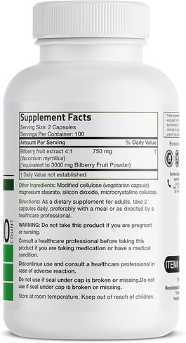 Bronson Bilberry Extra Strength 3000 mg per Serving Vaccinium Myrtillus, Promotes Eye Health and Supports Healthy Vision - Non GMO, 200 Vegetarian Capsules in Kuwait