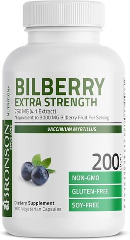 Bronson Bilberry Extra Strength 3000 mg per Serving Vaccinium Myrtillus, Promotes Eye Health and Supports Healthy Vision - Non GMO, 200 Vegetarian Capsules in Kuwait