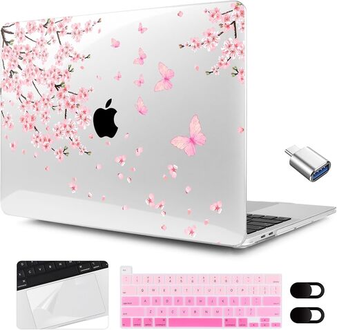 MEEgoodo for MacBook Pro Case 13 inch 2022 2021 2020 A2338 M2/M1 A2251 A2289 with Touch ID,Clear Laptop Hard Shell Cases with Keyboard Webcam Cover & Trackpad Film & Type C Adapter, Cherry Blossoms in Saudi Arabia