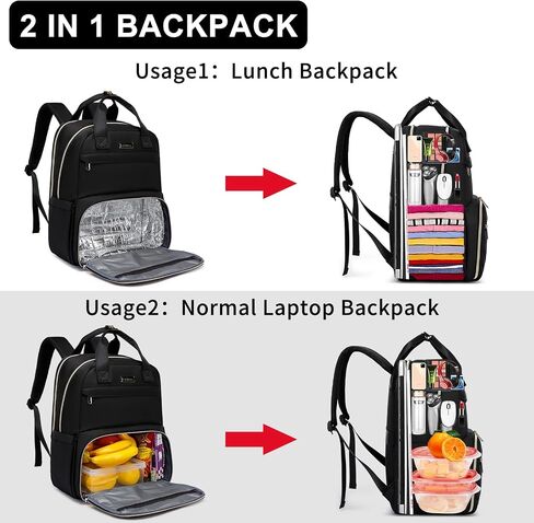 Lunch Backpack for Women, Water Resistant Insulated Cooler Lunch Bag, 15.6 inch Laptop Backpacks with USB Port, Picnic Backpack with Lunch Box, for College Work Camping Beaches, Black in Saudi Arabia
