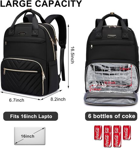 Lunch Backpack for Women, Water Resistant Insulated Cooler Lunch Bag, 15.6 inch Laptop Backpacks with USB Port, Picnic Backpack with Lunch Box, for College Work Camping Beaches, Black in Saudi Arabia