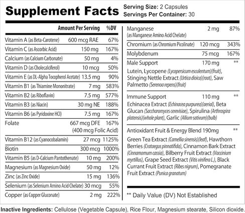 Men's Multivitamin Supplement for Energy, Focus and Performance. Mens Vitamins A, C, D, E & B12, Zinc, Calcium, Magnesium & More. Multi Vitamin 60 Capsules Made in The USA in Saudi Arabia