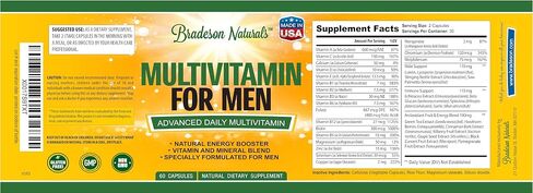 Men's Multivitamin Supplement for Energy, Focus and Performance. Mens Vitamins A, C, D, E & B12, Zinc, Calcium, Magnesium & More. Multi Vitamin 60 Capsules Made in The USA in Saudi Arabia