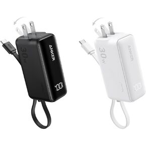 Anker Power Bank USB C Charger Block, 3-in-1 5,000mAh Portable Charger with Built-in USB-C Cable and Foldable AC Plug, 30W Max Compact Battery Pack, for iPhone 15 Series, Galaxy, MacBook, and More（Bla
