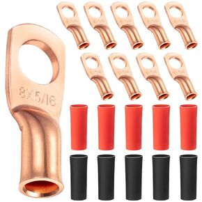 Maxdot 10 Pack UL Test Wire Lugs 8 Gauge Stud Ring Terminals Heavy Duty Copper Crimp Lugs Welding Cable Bare Copper Eyelet Lug with Heat Shrink Black, Red(8 AWG 5/16 Ring)