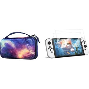 حزمة Fintie: حافلة على Nintendo Switch OLED Model 7.0 "/Switch 6.2" مع فتحات بطاقة اللعبة وجيب داخلي + [2 عبوة] حامي شاشة زجاجي مقسى