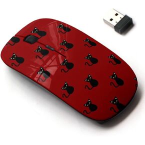 2.4G Wireless Mouse with Cute Pattern Design for All Laptops and Desktops with Nano Receiver - Black cat on red