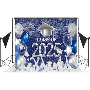 Lofaris Class of 2025 Party Photography Backdrop Royal Blue and Silver Congrats Grad Graduation Caps Background Celebration Graduation Prom Party Decor Banner Photo Booth Props 7x5ft