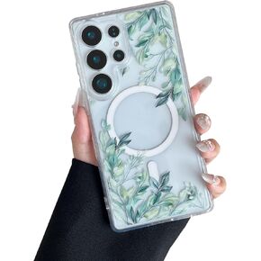 Raleavo for Samsung Galaxy S23 Ultra Case متوافق مع Magsafe Clear Floral Case مع نمط فرع الزهور للفتيات النحيفات اللطيفة الصدمية الصدمية ل S23 Ultra Phone Case