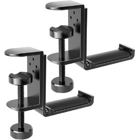 Foldable Headphone Stand Hanger Holder, Space-Saving Aluminum Soundbar Stand with Universal Fit for Gaming PC Accessories, Under Desk Clamp Hook Mount (Black-2PC)