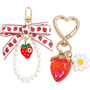 2Pcs Strawberry Keychain Charm Cute Strawberry Bag Purse Charms Heart Flower Daisy Keychain Pearl Bow Kawaii Car Keychains Strawberry Accessories for Women Girls Gift
