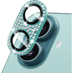 Compatible with iPhone 16 and 16 Plus Camera Lens Protector, Bling Rhinestone Sparkle Diamond 9H Tempered Glass Lens Cover Shockproof Full Protective Camera Cover