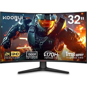KOORUI 32 inch Curved Gaming Monitor - QHD (2560 x 1440) 2K Display, 170Hz 144Hz Monitor, 1500R Curvature, 1ms, HDR10, Adaptive Sync, Tilt Adjustable, DisplayPort HDMI, Black - 32E6QC