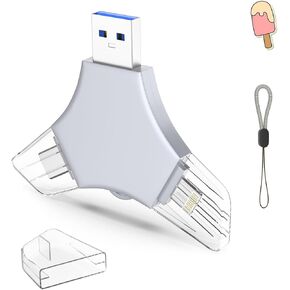 USB 3.0 Flash Drive 64gb for iPhone, 3in1 External Memory Picture Keeper Storage Stick for Photo/Video/Data Saver/Backup, V7.63High Speed Thumb Drives for iPhone/iPad/Android/PC - Zinc