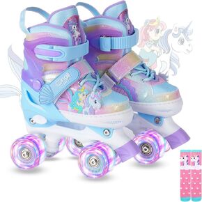 Kids Roller Skates for Girls Ages 5-8,3-5,Adjustable Light up Roller Skates for Toddlers Beginners Boys,Unicorn Mermaid Rainbow Gift for Indoor & Outdoor Sports