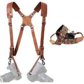 Padwa Lifestyle Dual Camera Harness Strap for Two-Cameras - Dual Shoulder Full Grain Leather Harness,Multi Double Camera Gear for DSLR/SLR Strap and Embroidered Camera Strap