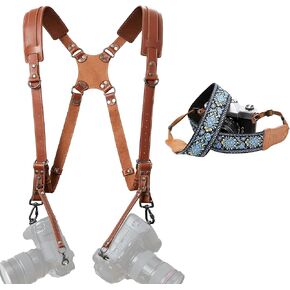 Padwa Lifestyle Dual Camera Harness Strap for Two-Cameras - Dual Shoulder Full Grain Leather Harness,Multi Double Camera Gear for DSLR/SLR Strap and Embroidered Camera Strap
