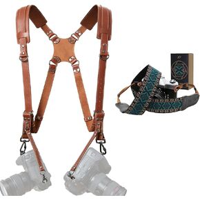 Padwa Lifestyle Dual Camera Harness Strap for Two-Cameras - Dual Shoulder Full Grain Leather Harness,Multi Double Camera Gear for DSLR/SLR Strap and Embroidered Camera Strap