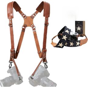 Padwa Lifestyle Dual Camera Harness Strap for Two-Cameras - Dual Shoulder Full Grain Leather Harness,Multi Double Camera Gear for DSLR/SLR Strap and Embroidered Camera Strap