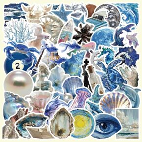 50 Pcs Cute Silver Blue Ocean Beach Stickers，Vinyl Waterproof Decal,Perfect for Kids,Teens, Adult Home Decor,Water Bottle Suitcase Phone Skateboard Guitar Water Cup Bike Laptop Scrapbook