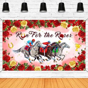 Mocsicka Run for The Roses Banner Kentucky Derby Horse Racing Party Decorations Banner for Birthday Party Racetrack Stadium Wall Home Decor Photo Booth Props (Rose Red, 70.8x43.3 inch)