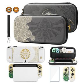 GLDRAM Switch Carrying Case for Zelda, Portable Accessories Kit Compatible for Nintendo Switch OLED with Black Travel Case Protector, White Dockable Switch OLED Skin Cover, Hand Strap & 2 Thumb Caps