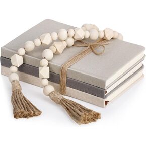 3 Pieces Linen Covered Decorative Books Set for Home Coffee Table Decor 8.5 x 5.7 Inches Faux Books with Wood Bead Garland Rustic Farmhouse Stacked Books Decor for Shelves Living Room Mantle